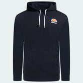 Ellesse Toce Overhead Hoodie Men's in black, front view showing the hood, kangaroo pocket, and Ellesse logo on the chest.